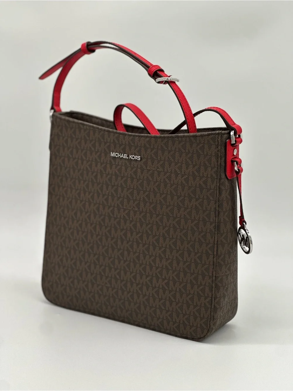 Michael Kors Brown Monogram Crossbody with Red Strap